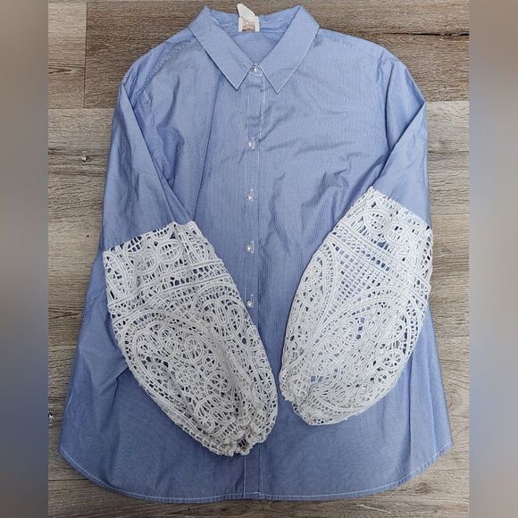 CHICO'S Lace Sleeve Blue Striped Button Up Shirt Size 3/XL - Picture 5 of 8